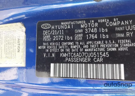 2012 Hyundai Veloster Black Int from USA, damaged, VIN KMHTC6AD7CU051545